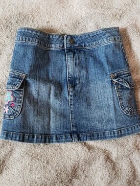 Girls' Denim Cargo Skirt with Embroidered Floral Patch - Blue